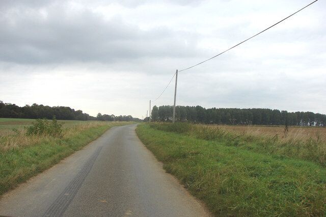 A rural road flanked by fields and a power line.