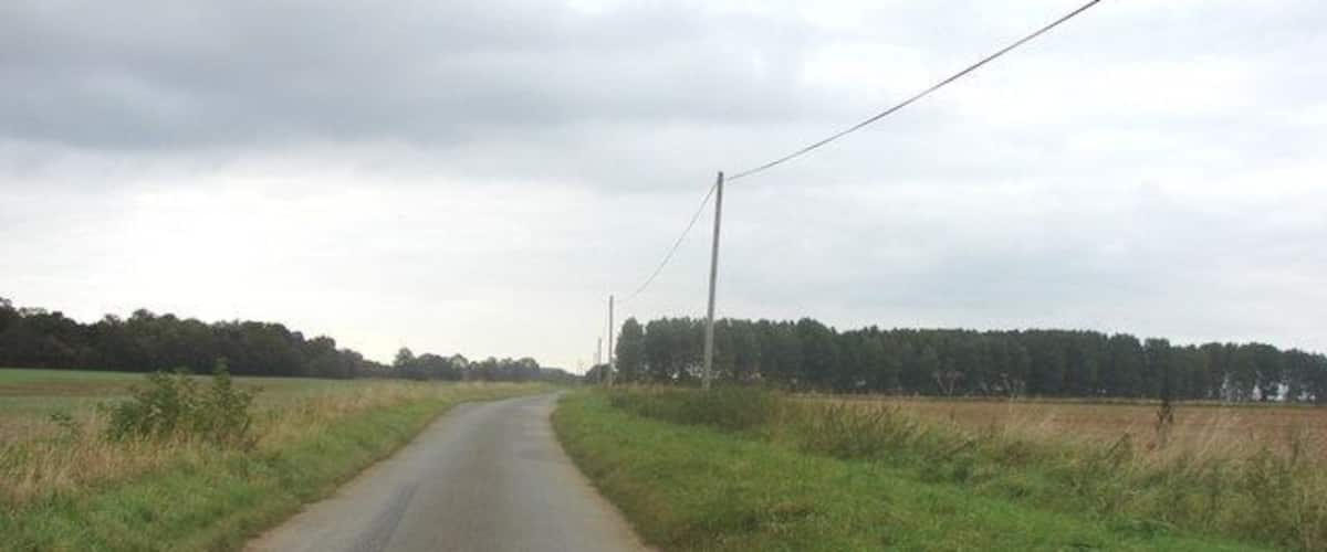 A rural road flanked by fields and a power line.