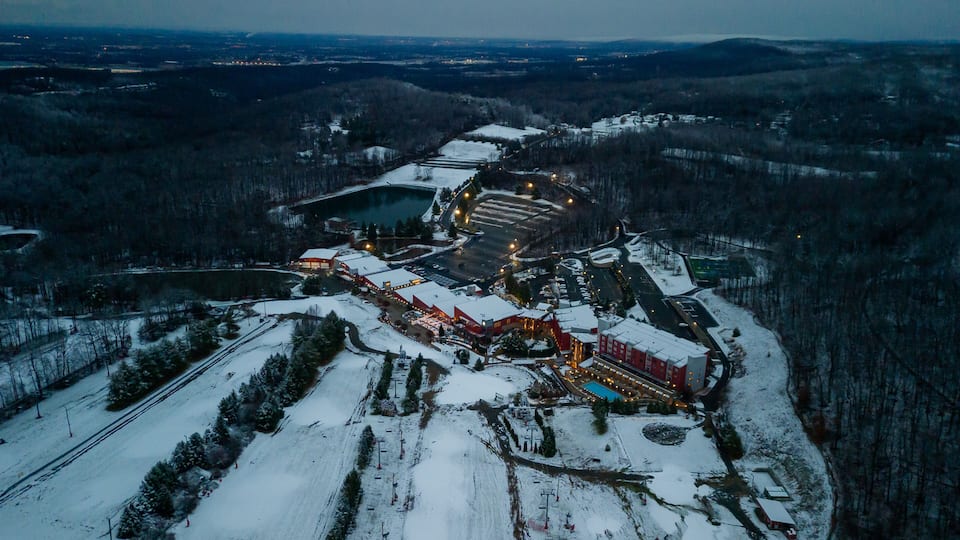 Aerial of Poconos mountain with snow