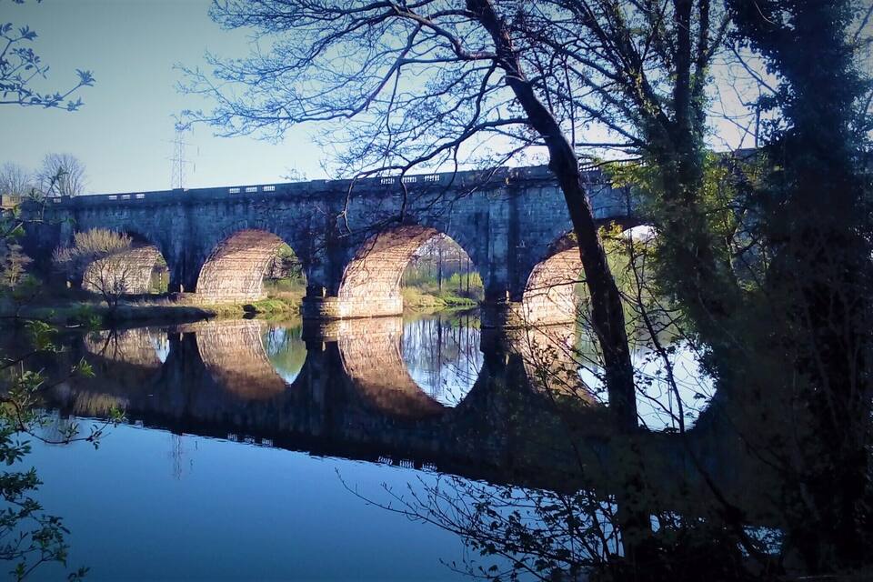 Un pont de pedra amb diverses arcades sobre un riu tranquil, envoltat d'arbres i sota un cel serè.