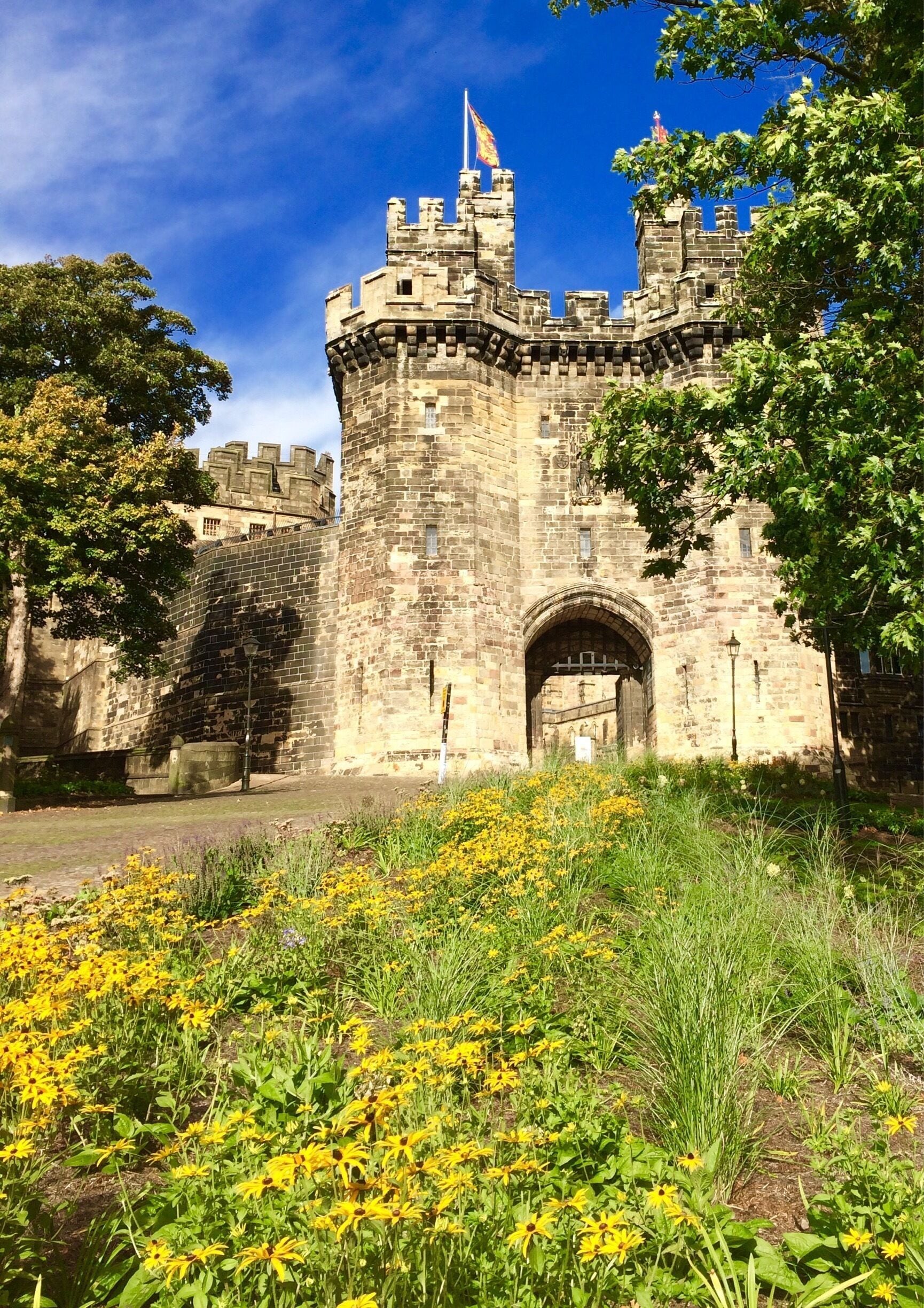 A historic stone castle with a prominent archway entrance, surrounded by lush greenery and vibrant yellow flowers.