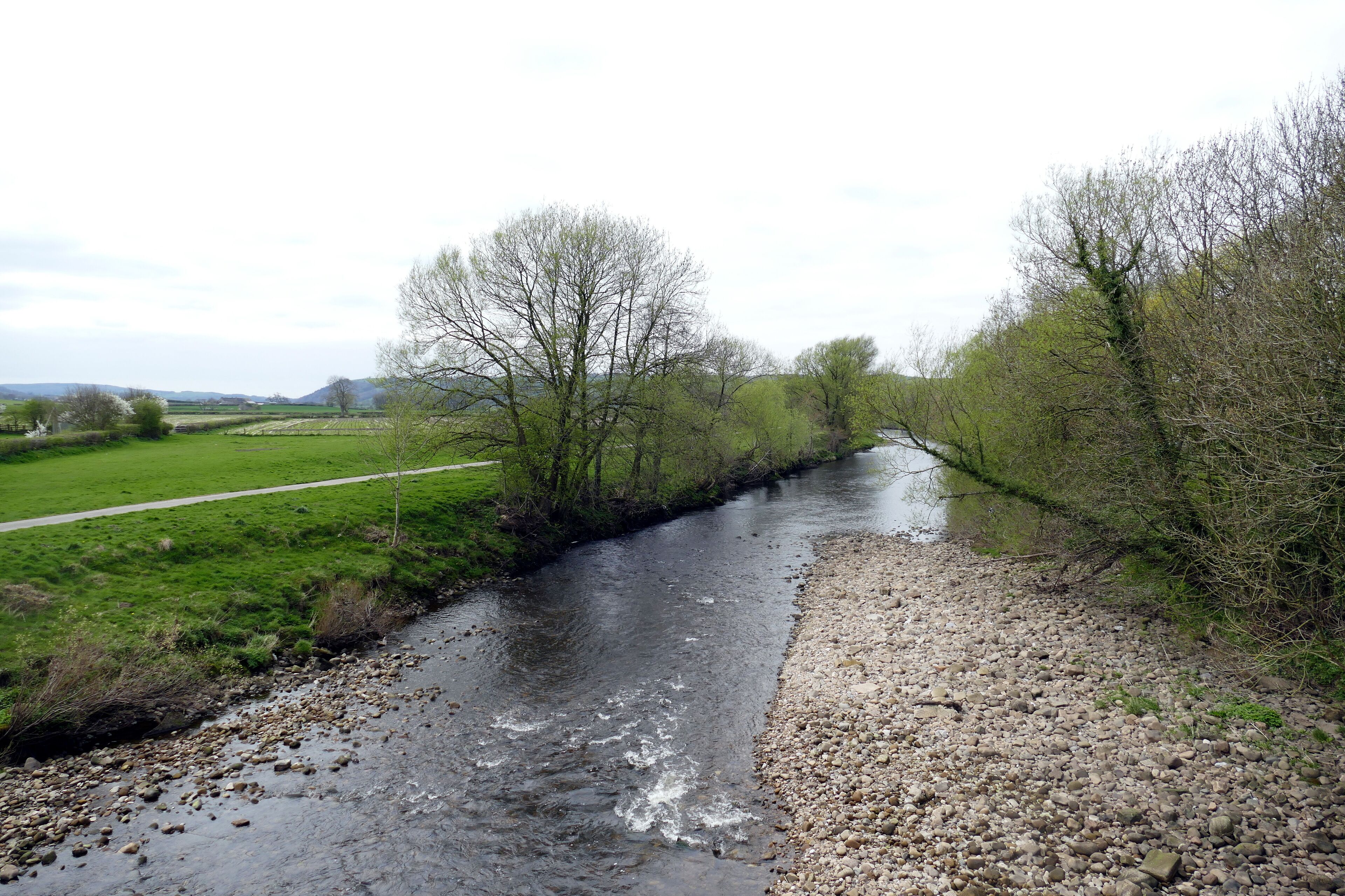 A river flowing through a rural landscape with green fields and trees.