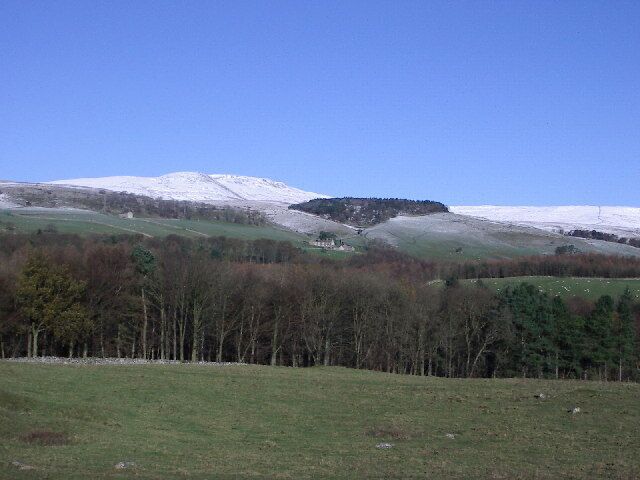 A snow-covered hill with a forested area in the foreground.