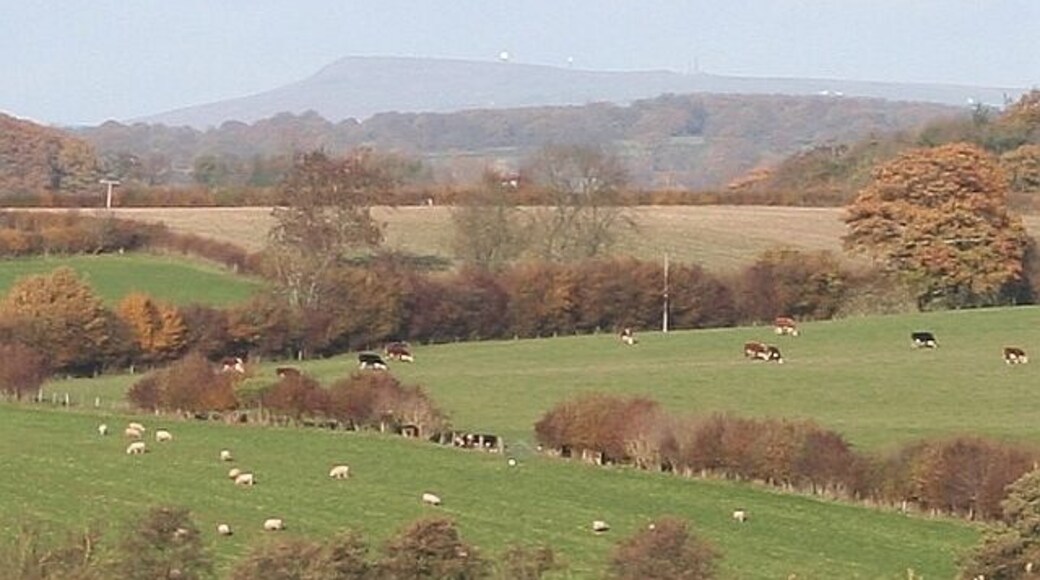 Titterstone Clee Hill Viewed from near Risbury some 24 km to the south showing the air traffic control radars and another radio mast on this quarried hillside.