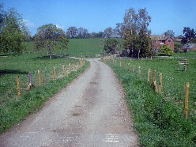 Driveway to Eyton Hall Looking north along the back entrance to Eyton Hall, which bears left across the large park. Turn right just ahead for Scatterbrain Farm.