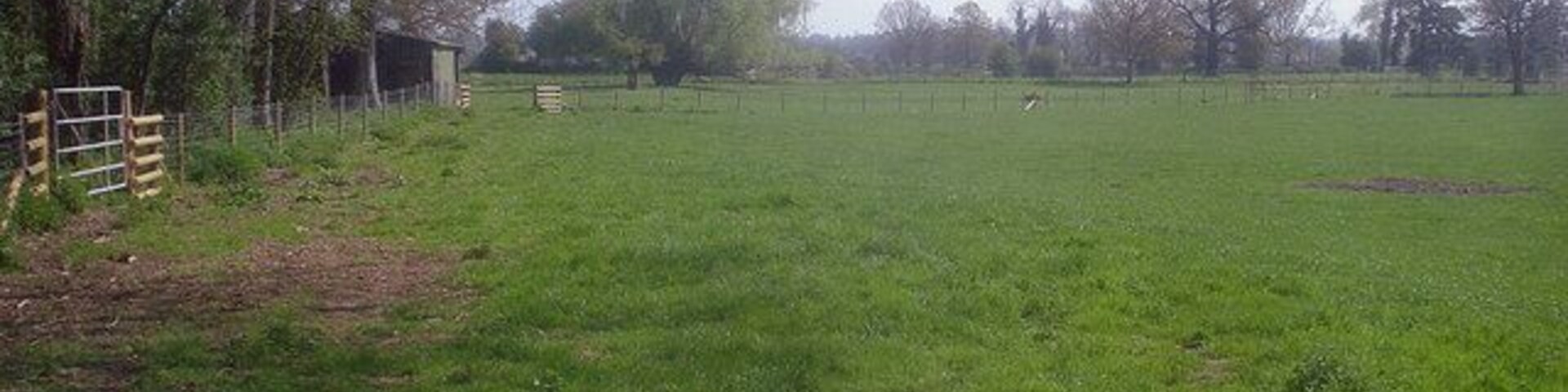 A grassy field with a fence, trees, and a small structure.