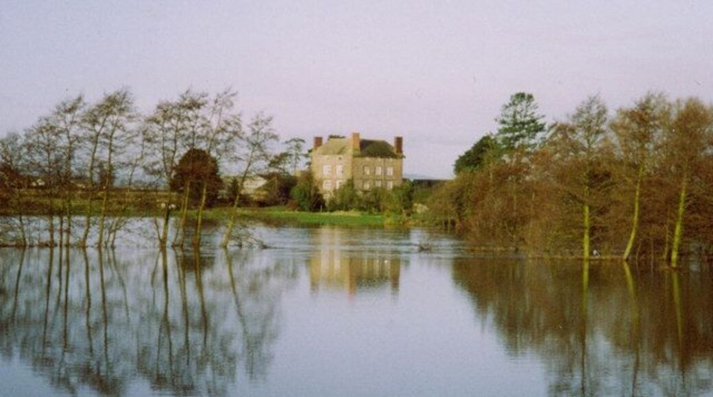 Wharton Court surrounded by flood water.