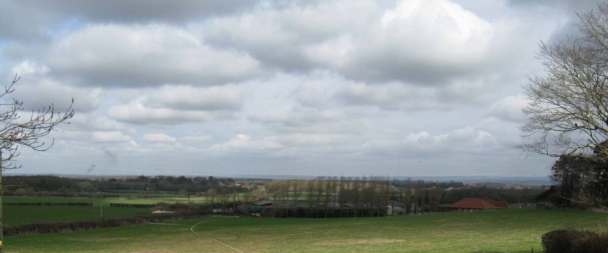 A rural landscape with a green field, a fence, and distant trees.
