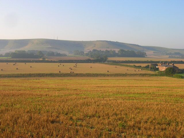 Spring Gardens Viewed from Mill Lane, the cottages are on Station Road the western of the southern routes out of Glynde. The first field boundary is actually Spring Ditch a small tributary of Glynde Reach whilst the second marks the course of the A27. Beddingham Hill is in the distance.