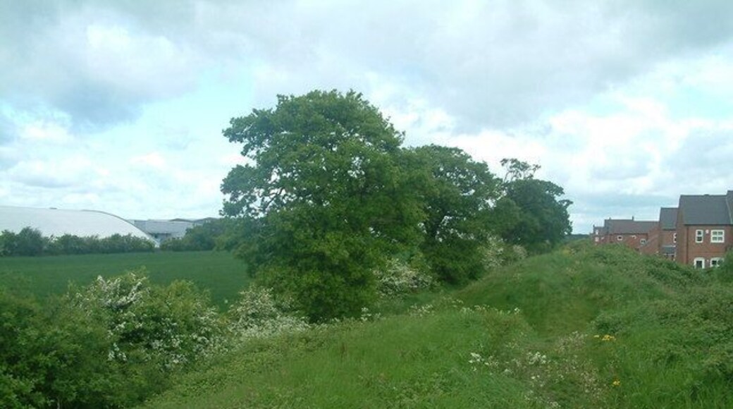 The industrial estate, the field and the housing estate. Viewed from the raised embankment this photograph shows the housing estate separated by a field from the industrial estate.