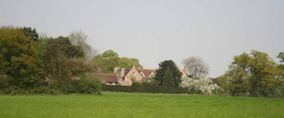 A green field with a house and trees in the background.