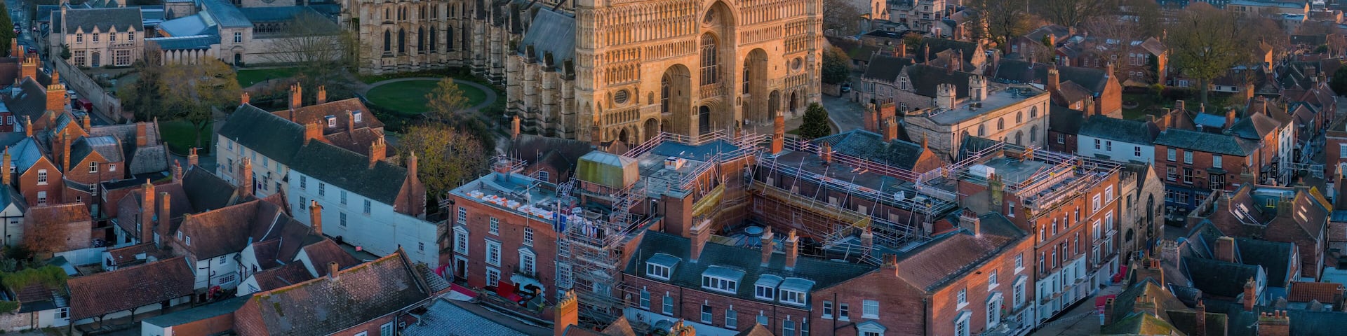 Lincoln, UK. Cathedral and City at sunset. Aerial view of the British city of Lincoln United Kingdom. Steep Hill and historic church