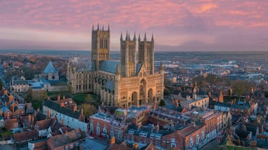 Lincoln, UK. Cathedral and City at sunset. Aerial view of the British city of Lincoln United Kingdom. Steep Hill and historic church