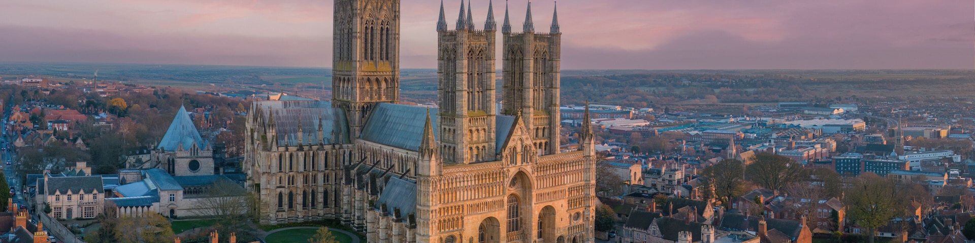 Lincoln, UK. Cathedral and City at sunset. Aerial view of the British city of Lincoln United Kingdom. Steep Hill and historic church