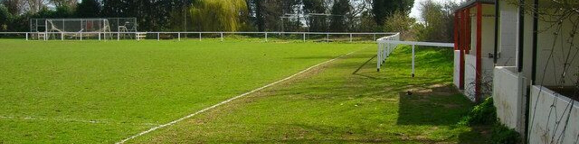 View from the Subs Bench, Clymping FC Non-league side from the West Sussex Intermediate League premier division. Looking towards the southern goal. The cricket nets behind give an indication to the dual use of the ground.