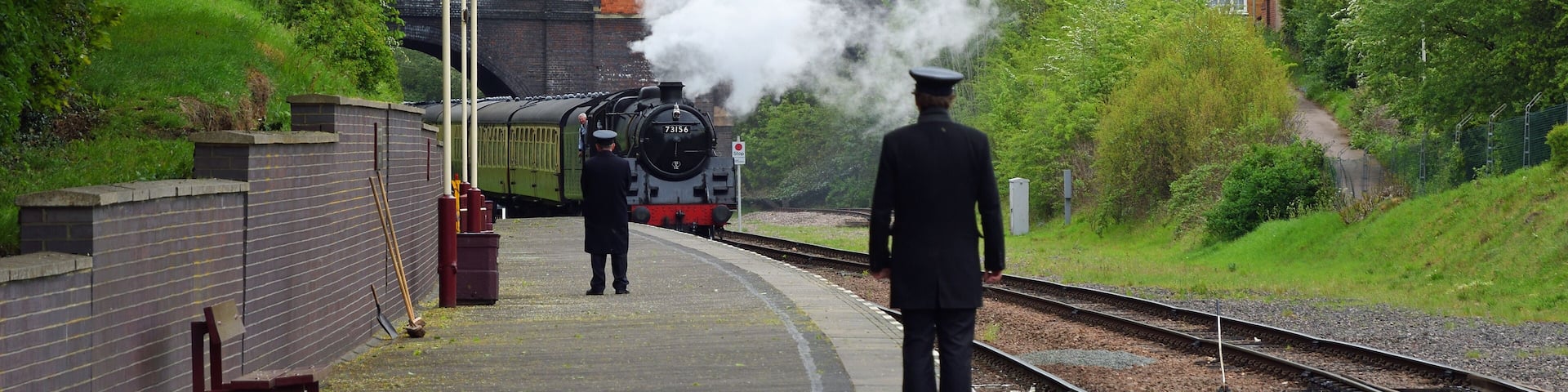 BR Standard Class 5 73156 Steam Engine pulling into North Leicester Heritage Railway Station.
