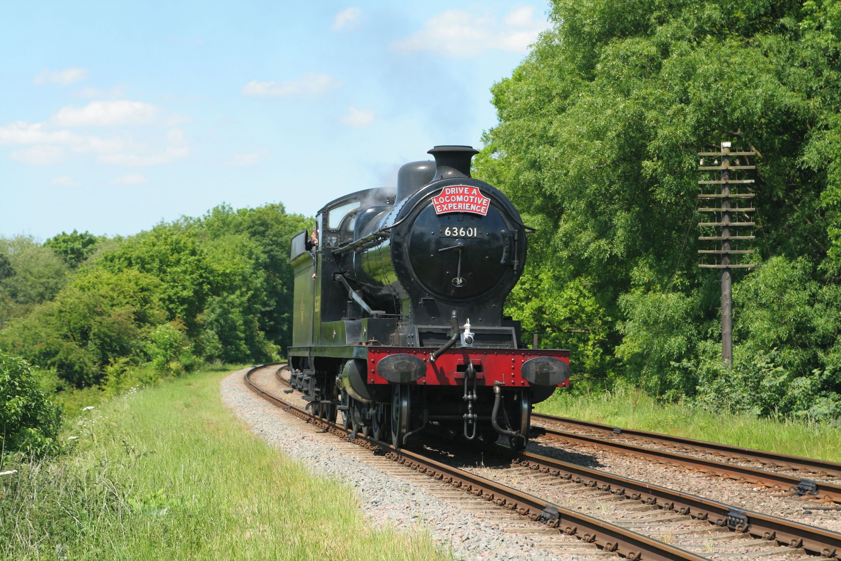 A black steam locomotive with the number 63601 on a railway track surrounded by lush greenery.