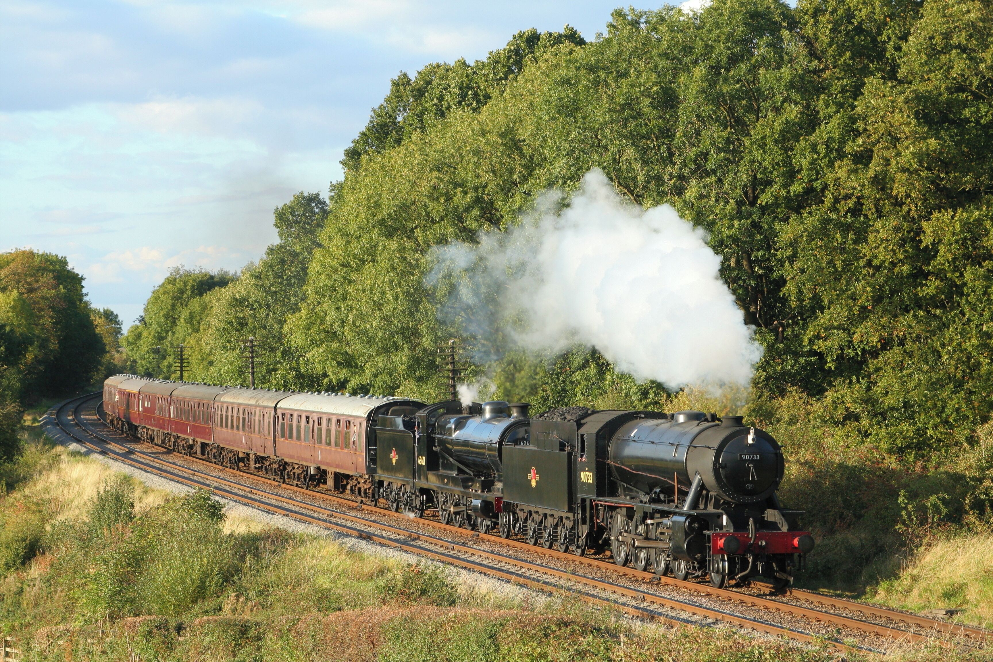 A steam locomotive pulling passenger cars on a railway track surrounded by dense greenery.