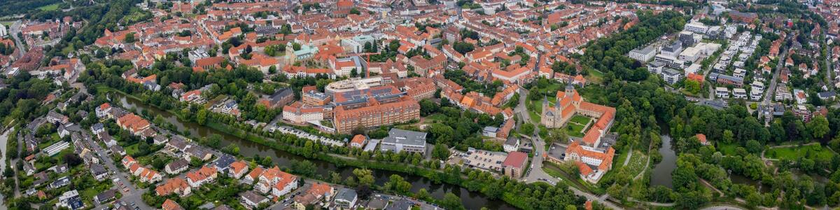 Aerial view around the old town in the city Hildesheim on an sunny spring day