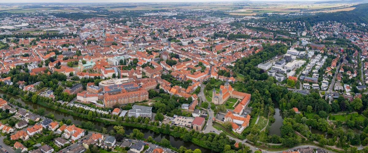 Aerial view around the old town in the city Hildesheim on an sunny spring day