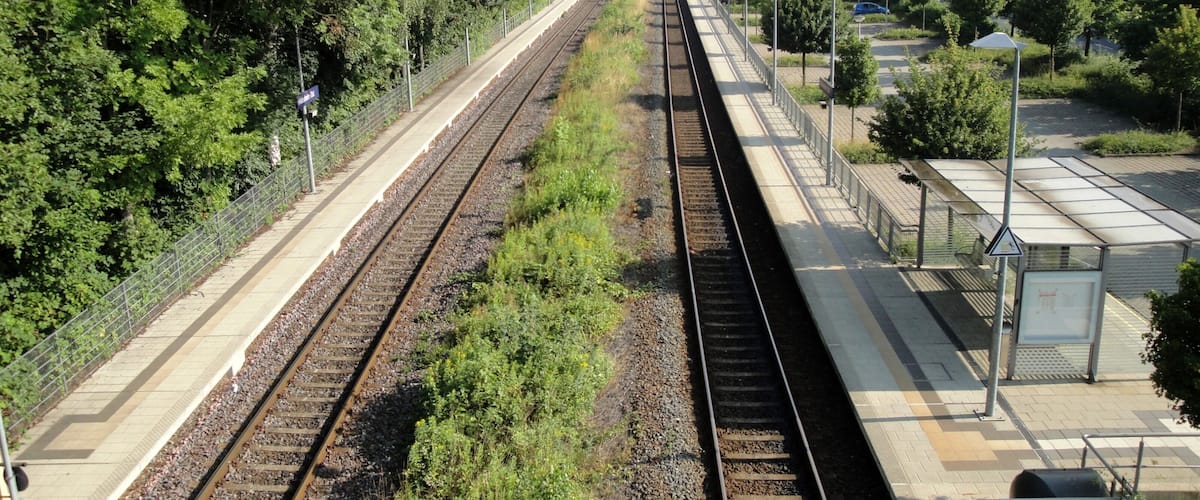 A railway station with multiple tracks, surrounded by lush greenery and trees.
