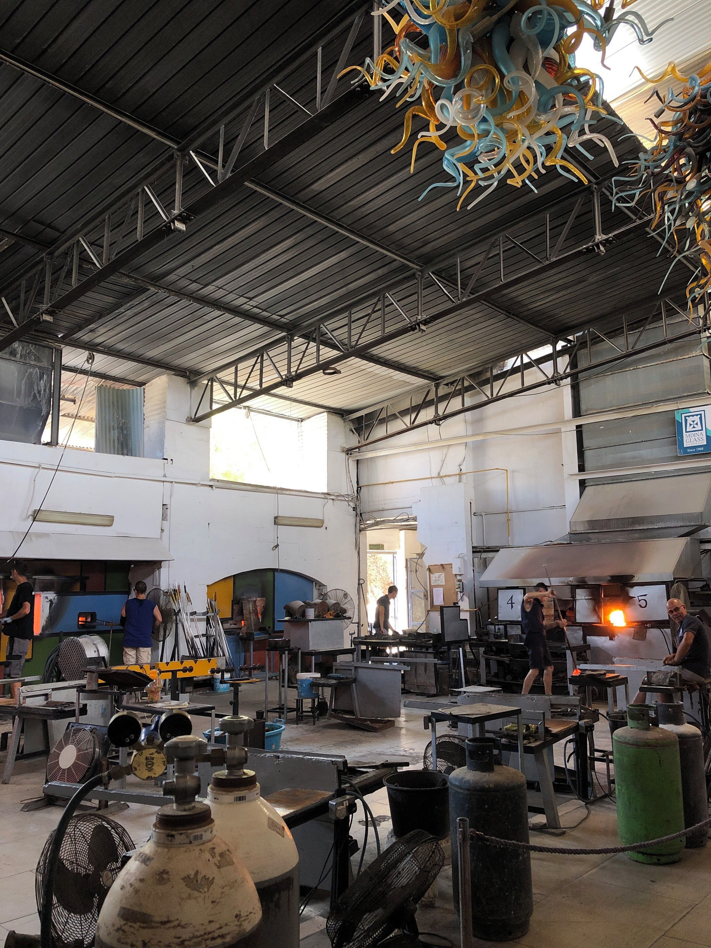 View from inside the Mdina Glass glassblowing studio in the country of Malta. Dating from 1968, this studio was the first glassblowing studio ever in Malta.