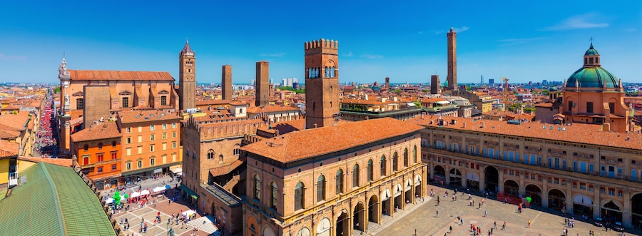 Panoramic view of the historical center with the towers, Bologna, Italy