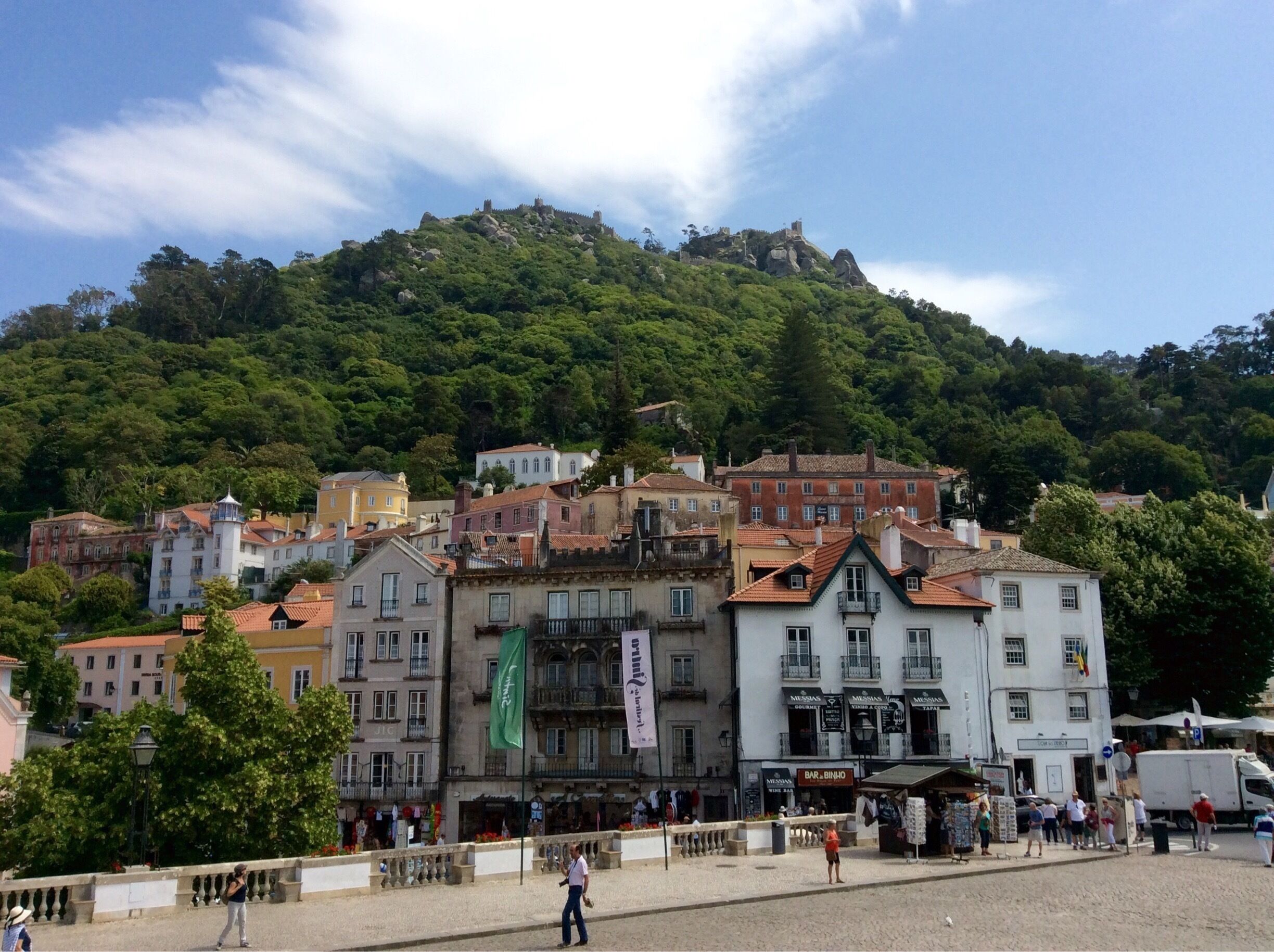 View of the Moorish Castle ruins from the historic village of Sintra.
