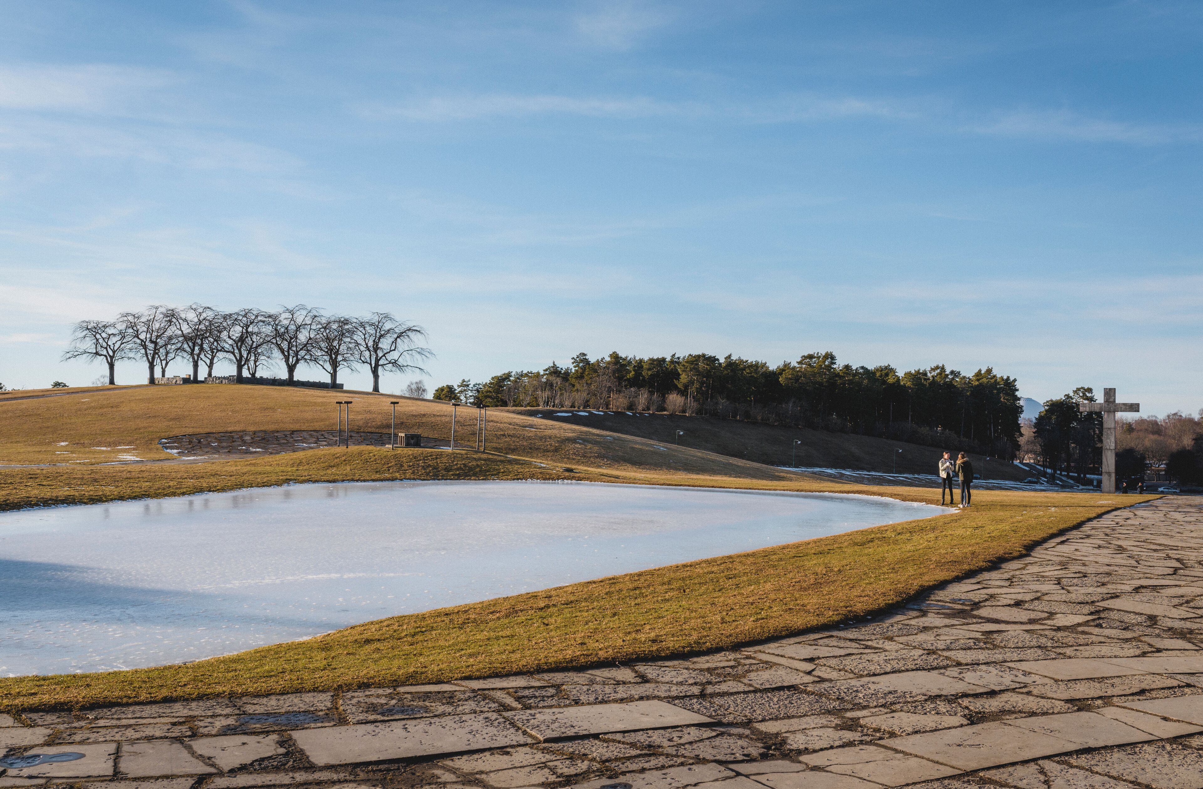 A park with a pond, a grassy area, and a paved walkway.
