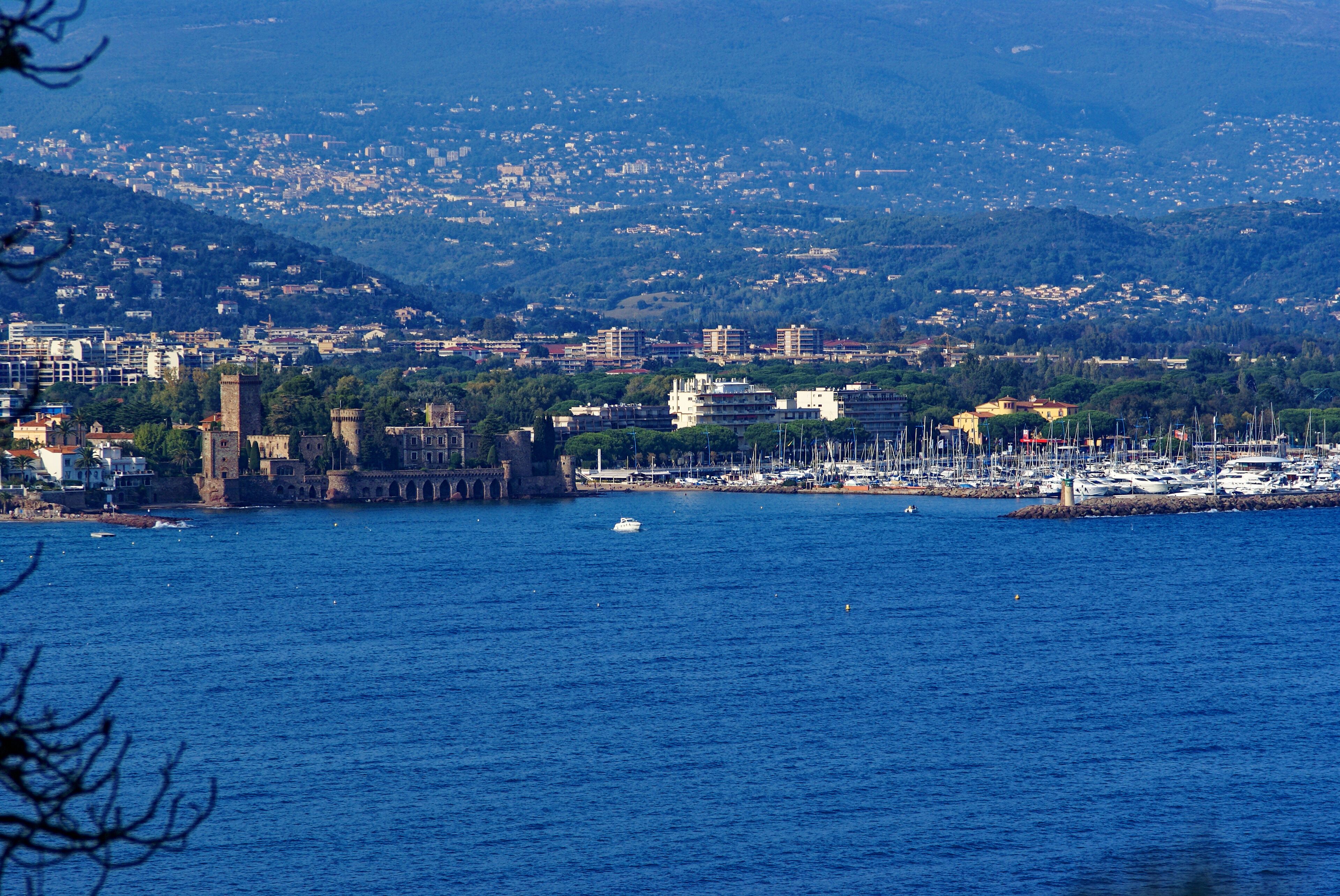 A coastal cityscape with a historic tower, marina, and dense urban area in the background.
