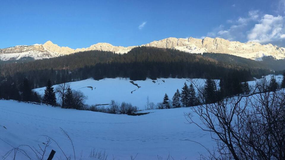 A snow-covered mountain landscape with a clear sky.