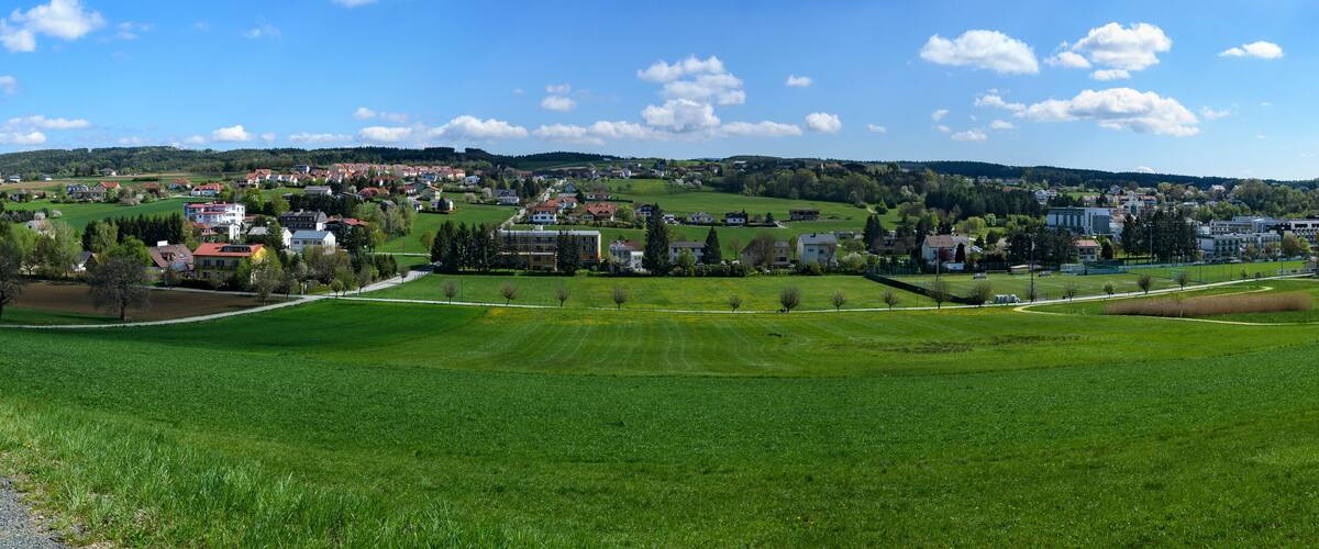 A rural landscape with a village, green fields, and a clear sky.