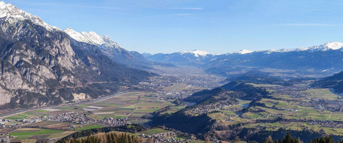 Panorama from Oberperfuss Rangger Köpfli to Innsbruck, Inn valley, tyrol austria