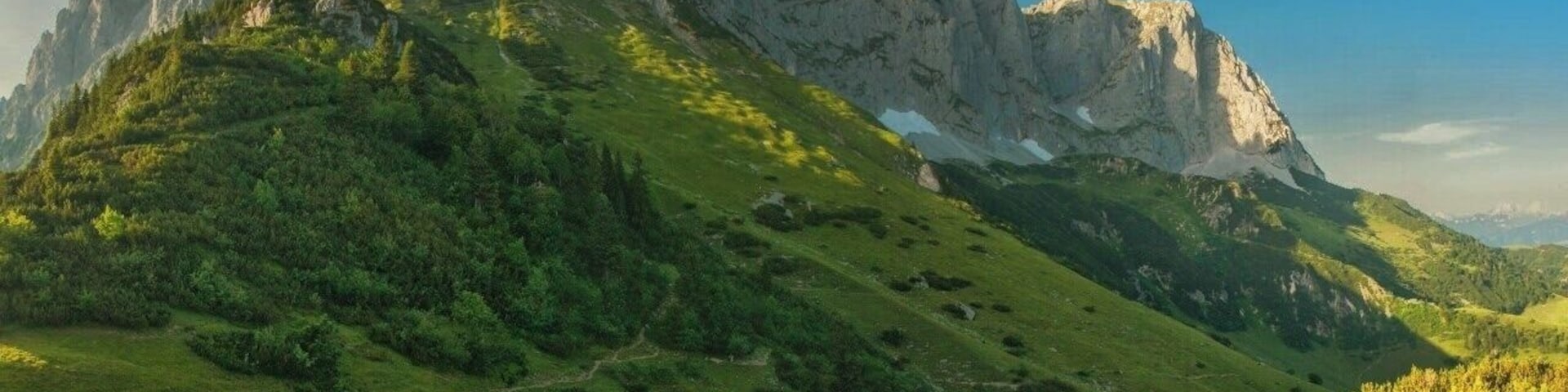 July 2015
Wilder Kaiser mountains, North Tyrolia, Austria
View of the main range of Wilder Kaiser mountains. They belong to the Northeastern Limestone Alps and rise up to 2.400 meters of height. You can either climb the jagged peaks or you can hike just below their white walls. The traditional hike route is called the Adlerweg (=Eagle's path) and its part in Wilder Kaiser from St. Johann to Kufstein takes an easy although distance-wise longer 3-day hike.
The meadows slope is called the Baumgartenalm and in the view from Baumgartenkreuz 1.572 m you can see from left to right the summits of Regalpspitze (2.253 m), Ackerlspitze (2.329 m) and Maukspitze (2.231 m).