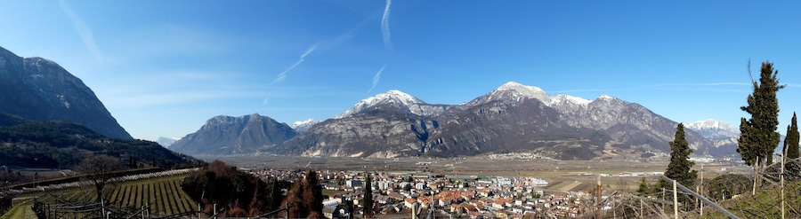 Trento (Italy): panorama of the village of Mattarello from east. On the background, mount Bondone.