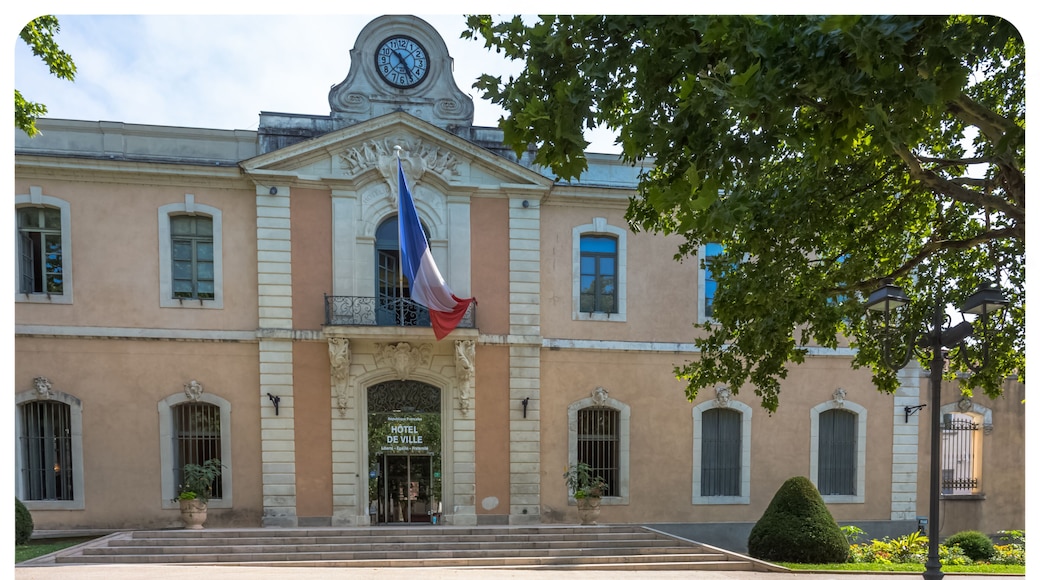 A historic building with a clock tower, a flag, and a well-maintained entrance.