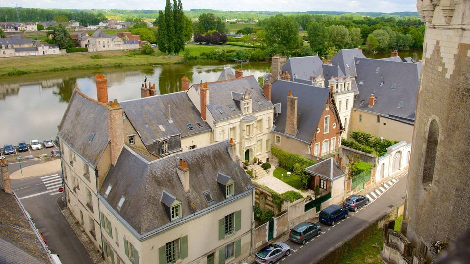 A riverside town with historic buildings, a bridge, and a castle.