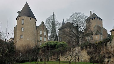 Autun (Saône-et-Loire) Ancien évêché (XVe siècle). Le palais épiscopal a été inclus dans un castrum datant probablement du IXe siècle, peut-être antérieur. Entre 1189 et 1223, l'évêque Gauthier, également grand seigneur féodal (étant suzerain de nombreux barons et même du duc de Bourgogne pour certains fiefs), fit fortifier la maison de l'évêque par la construction d'un donjon carré dit "Tour Saint-Léger". Les contreforts d'angles on été rajoutés au milieu du XVIIe siècle. Les créneaux sont actuellement couverts d'un toit à quatre pentes. On doit à Saint-Léger, évêque d'Autun et martyr du VIIe siècle, la restauration des remparts gallo-romains. Evêque politique, Léger (Leodegard) soutiendra Childéric contre Theodoric dans la succession du jeune roi Clotaire III mort à 20 ans en 673. De son côté, Theodoric est soutenu par Ebroïn maire du palais de Neustrie. Childeric l'emporte et Leodegard devient conseiller du nouveau roi; mais les critiques de Leodegard sur le mariage du roi avec une parente proche entraînent la disgrâce de l'évêque. En 675, Childéric est assassiné et Theodoric prend le pouvoir. Leodegard se rallie au nouveau roi, mais il se heurte à Ebroïn qui maintenant soutenait un autre prétendant, Clovis. Le conflit est tel qu'Ebroïn assiège Leodegard à Autun, en 676. Leodegard devra se rendre, ses forces étant inférieures. Ebroïn fera arracher les yeux, puis les lèvres et la langue de son ennemi. Leodegard survivra miraculeusement, réfugié dans la forêt de Couhard, près d'Autun. Recueilli dans une abbaye de femmes en Normandie, il y retrouvera la parole. Ebroïn s'étant de nouveau rallié à Théodoric est redevenu maire du palais (par comparaison avec l'époque actuelle, une sorte de premier ministre). Constatant que Leodegarde est redevenu dangereux, Ebroïn le fait assassiner dans la forêt de Lucheux (Somme) le 2 octobre 678. Les assassins feront disparaître le cadavre après décapitation. Le corps aurait été enterré en forêt sur le territoire de la commune de Lucheux. Une chapelle marque cette sépulture présumée, endroit qui verra des miracles. Un concile d'évêques proclamera la sainteté de Leodegard lors de la fête de Pâques 681. La renommée du saint-martyre devenant importante, le roi Theodoric, pour se faire pardonner de ne pas l'avoir soutenu, fera assassiner Ebroïn par le seigneur franc Ermenfroi. La dépouille du saint sera transférée, en 684, à Saint-Maixent-l'École, près de Poitiers. La tour ronde appartient au rempart. Au pied de l'enceinte, le verger Bussy-Rabutin.