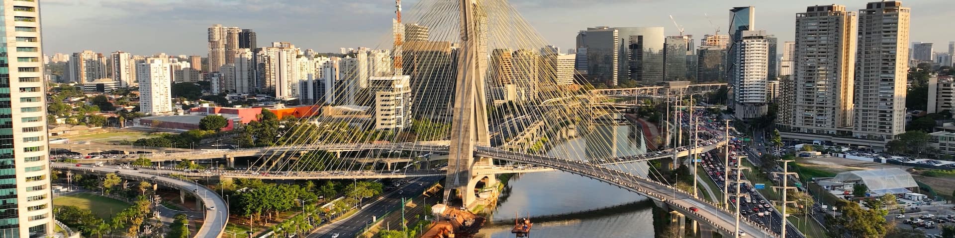 A modern cityscape with a prominent cable-stayed bridge, high-rise buildings, and a river.