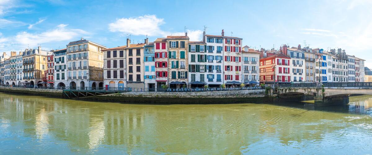 A river with colorful buildings along the banks.