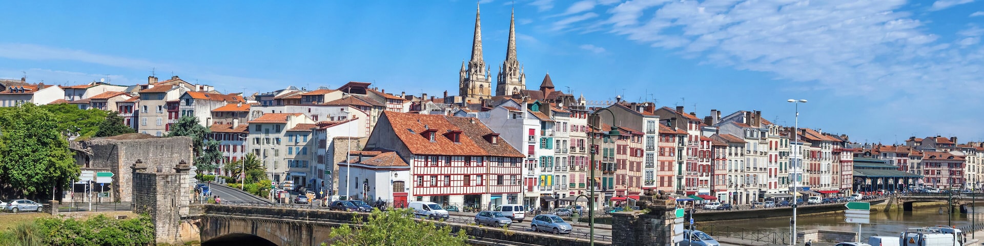 Panorama of Bayonne with bridge Pont du Genie across the Nive river on the front view, Aquitaine, France