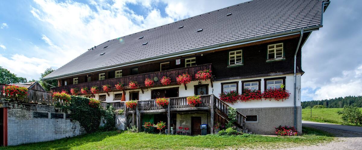 A traditional chalet with a steep roof, wooden balconies with flower boxes, and a stone wall in the foreground.