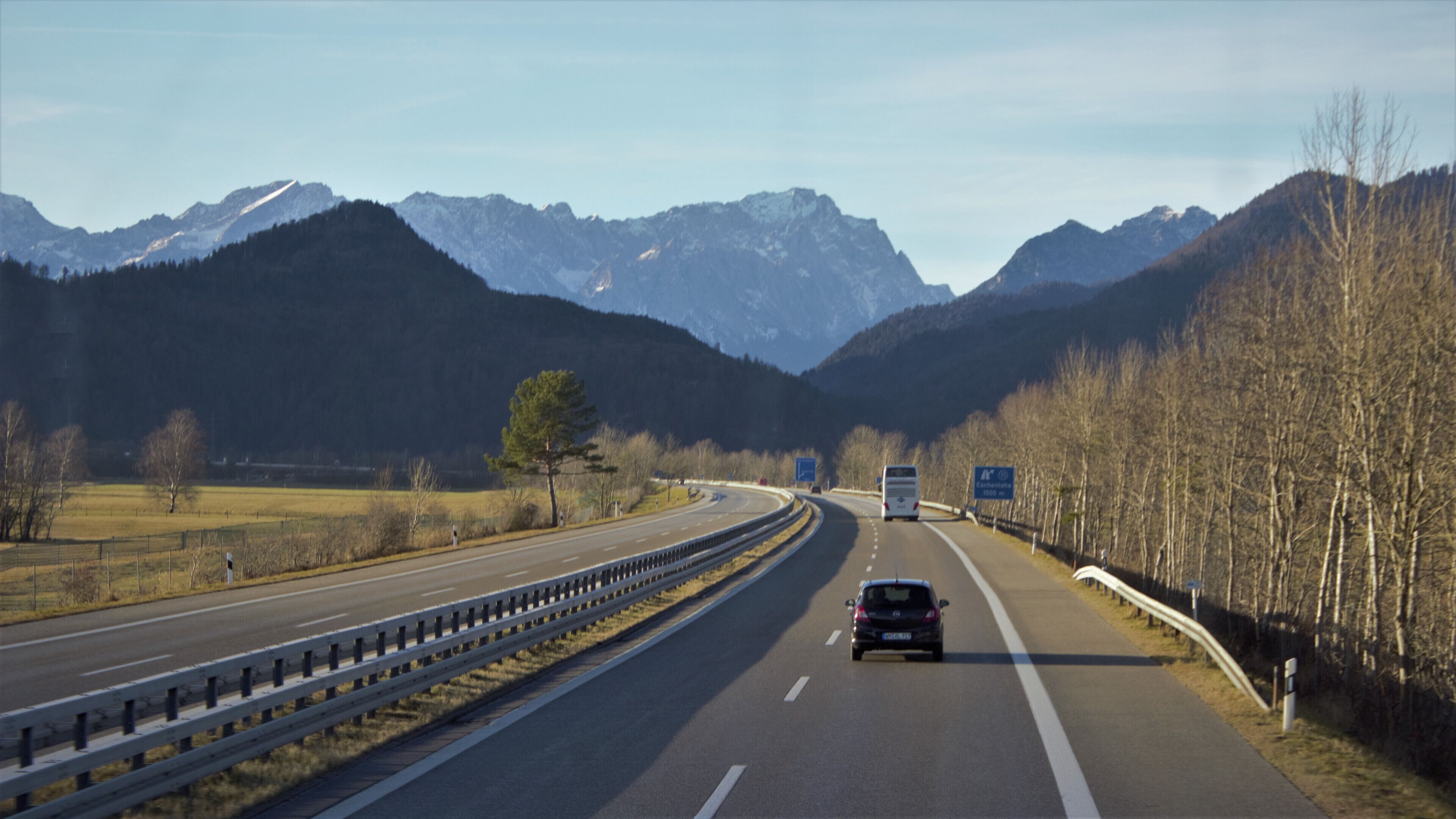 En-route Oberammergau, on the autobahn A95, with the German Alps in the backdrop.