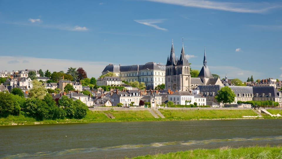 A historic city with a prominent cathedral featuring twin spires, situated by a river.