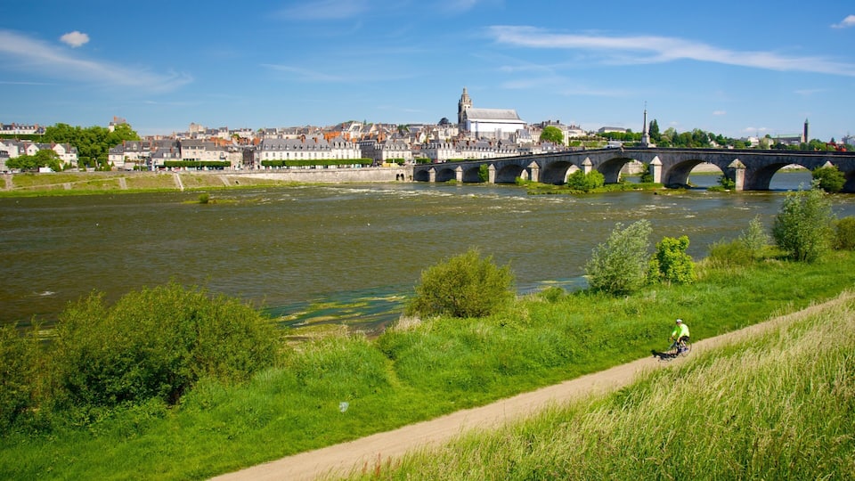 A river with a stone bridge, lush greenery, and a cyclist.