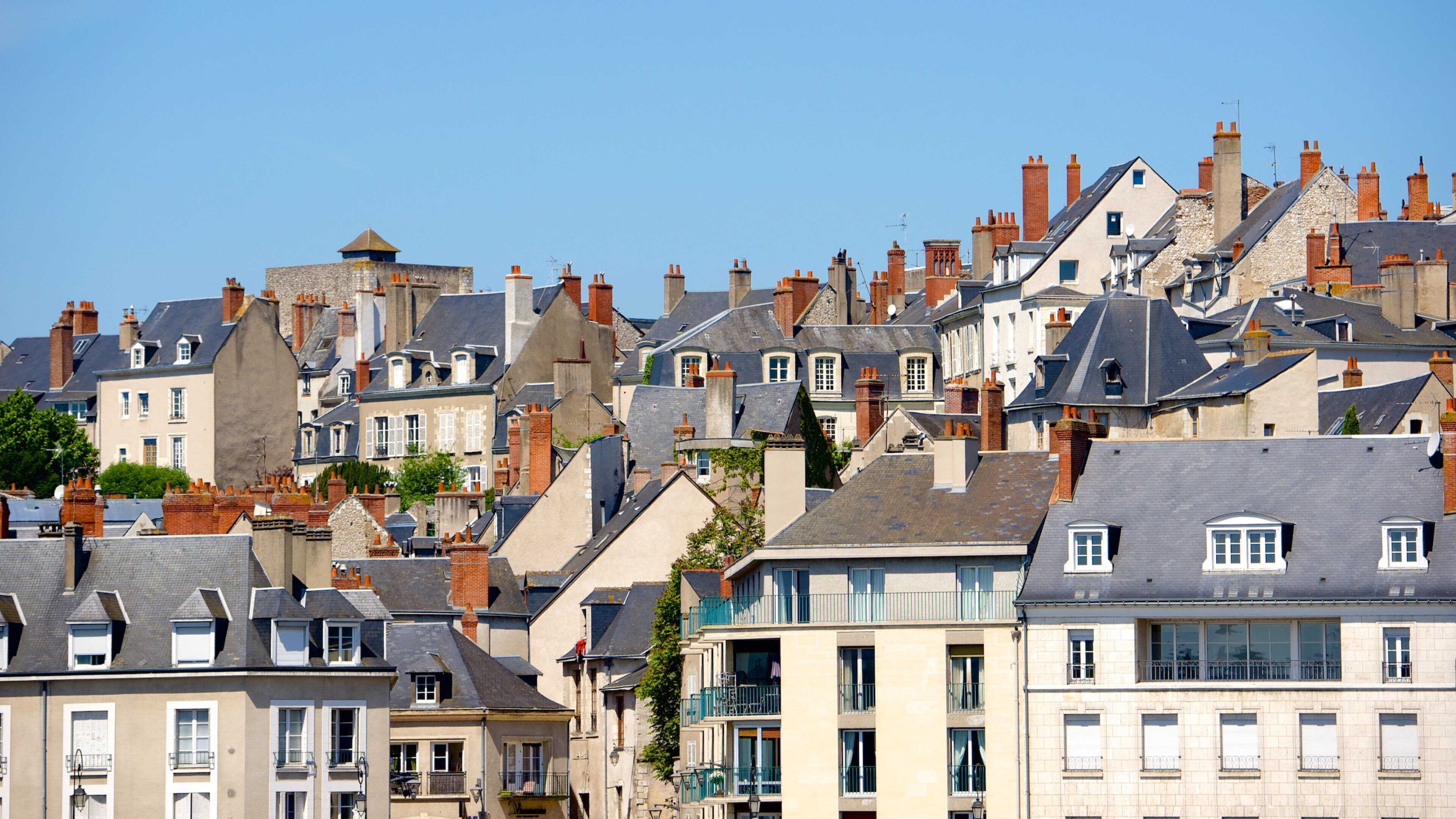 A densely packed urban area with a variety of architectural styles, including stone buildings with steep roofs and multiple chimneys.