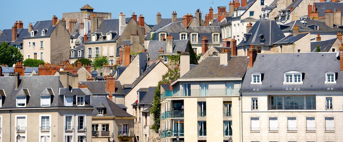 A densely packed urban area with a variety of architectural styles, including stone buildings with steep roofs and multiple chimneys.