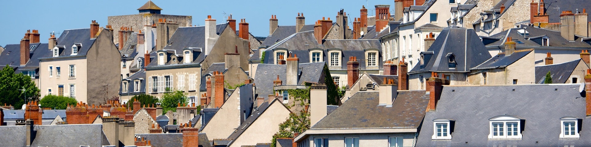 A densely packed urban area with a variety of architectural styles, including stone buildings with steep roofs and multiple chimneys.