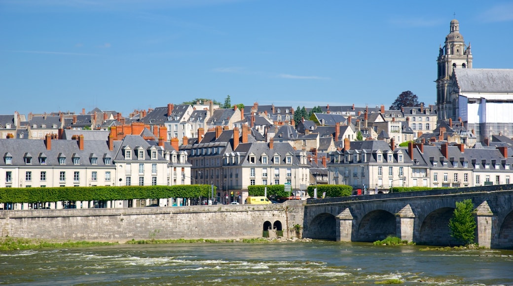 Blois que incluye una pequeña ciudad o pueblo, un puente y un río o arroyo