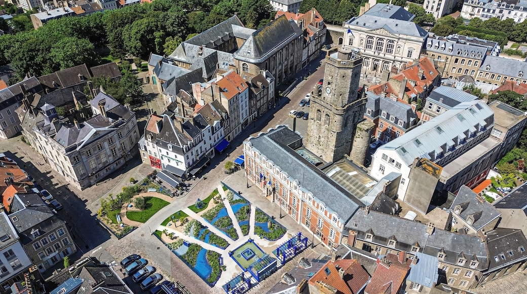 Aerial view of the Belfry of Boulogne-sur-Mer in the Pas-de-Calais département of Northern France - Medieval tower overlooking the Town Hall next to the Godefroy de Bouillon square